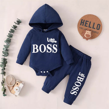 Babies "Little Boss" 2Pc Long Sleeve Hooded Onesie and Pant Set